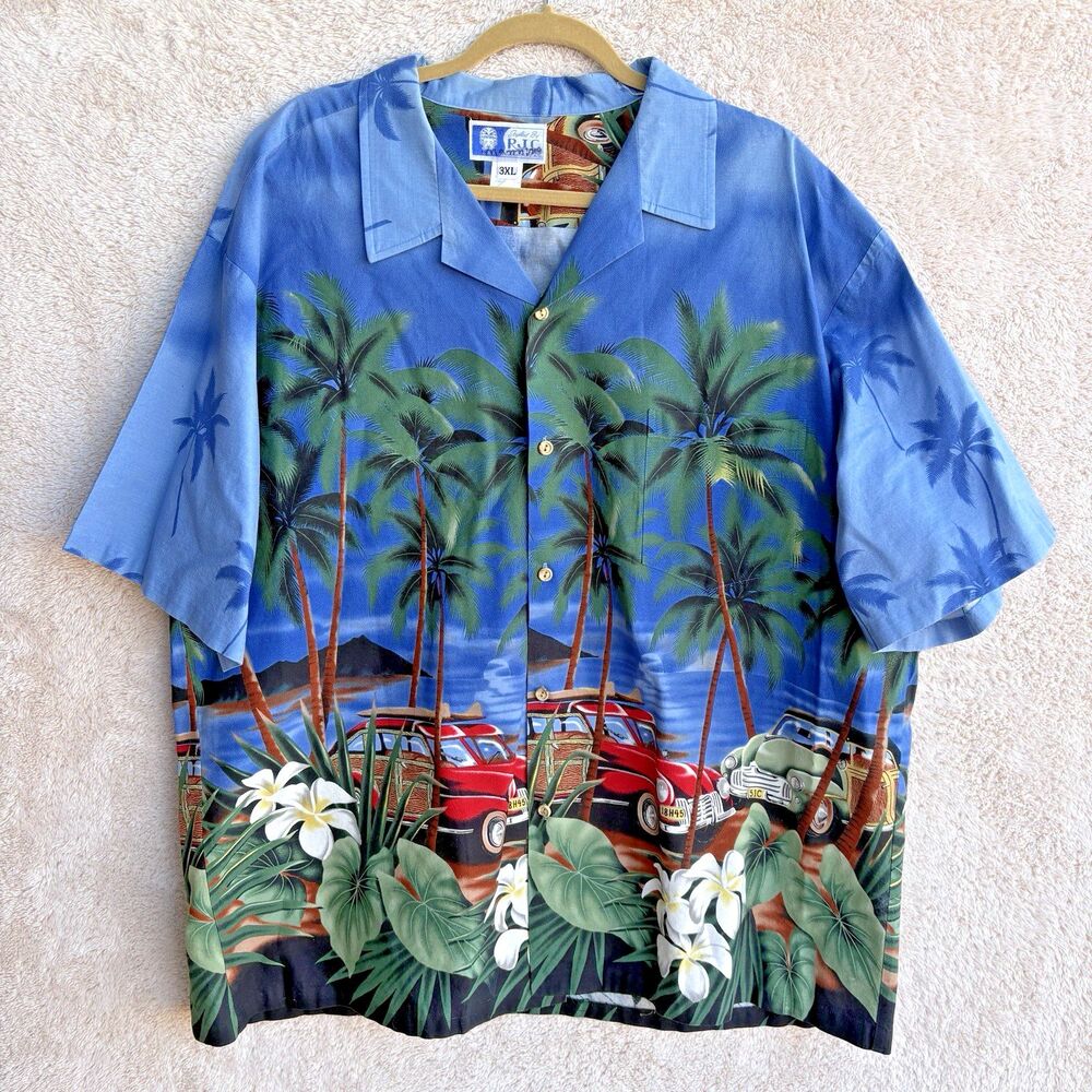 Vintage RJC Hawaiian Shirt Mens 3XL Palm Trees Surf Woody Cars Aloha Cruise